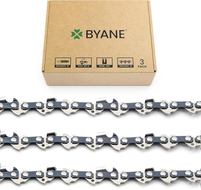 Byane 12 Inch Chainsaw Chain 3/8" LP Pitch .043" Gauge 45 Drive Links Fits Dewalt 20V MAX DCCS620B, DCCS620P1 Fit WORX WG380,Ryobi, Echo and More- DWO1DT612, R45 (3 Chains) - Image 1